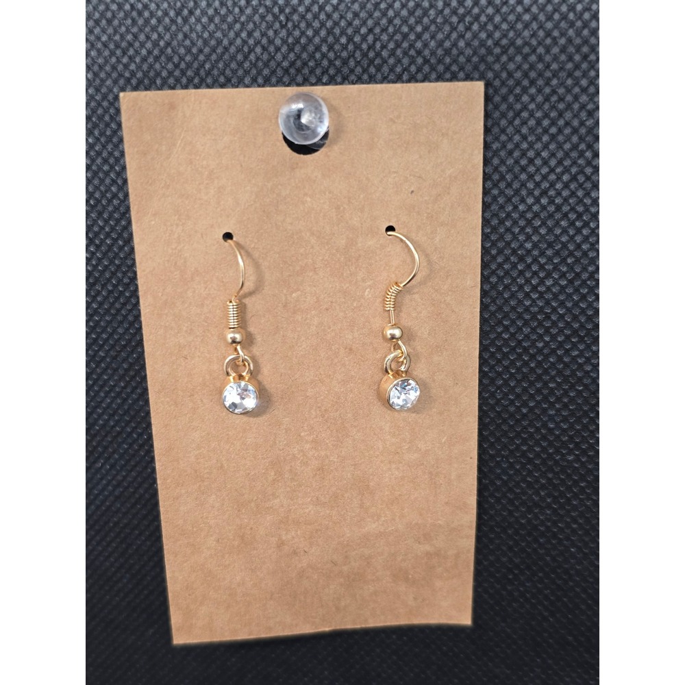 Gold Tone Clear Crystal Round Solitaire‎ Dangle Fishhook Earrings Womens Jewelry
